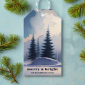 Merry & Bright l Blue Waterverf Pine Forest Cadeaulabel