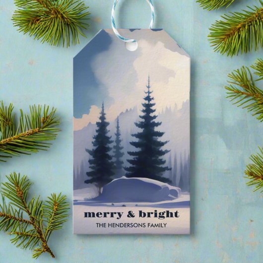 Merry & Bright l Blue Waterverf Pine Forest Cadeaulabel