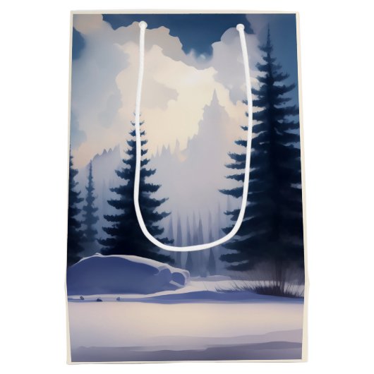 Merry & Bright l Blue Waterverf Pine Forest Medium Cadeauzakje (Achterkant)
