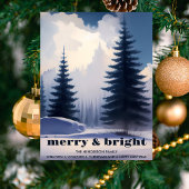 Merry & Bright l Blue Waterverf Pine Tree Forest Feestdagenkaart