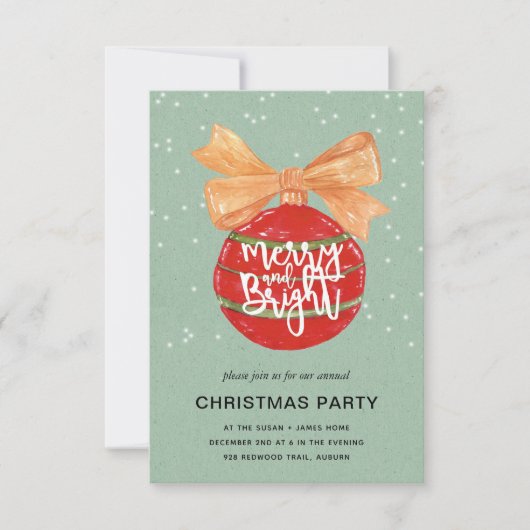 Merry & Bright l Waterverf Rode Ornamenten Snowy Kaart (Voorkant)