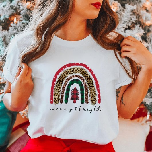 Merry & Bright Leopard Print Rainbow Christmas T-shirt