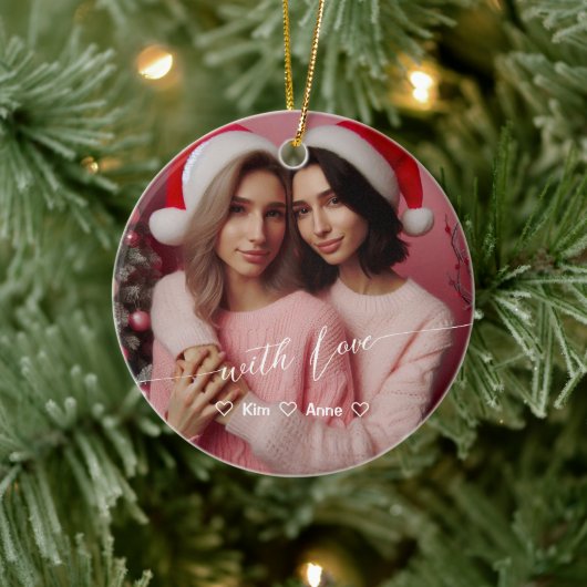 Merry & Bright Lesbische Retro Roze | Aangepaste f Keramisch Ornament (Boom)