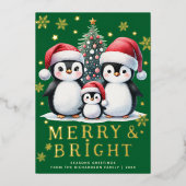 Merry Bright Leuke Pinguïns Groen Rood Goud Kerst Folie Feestdagenkaart (Voorkant)