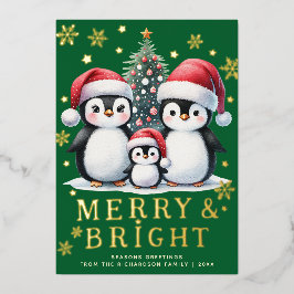 Merry Bright Leuke Pinguïns Groen Rood Goud Kerst Folie Feestdagenkaart