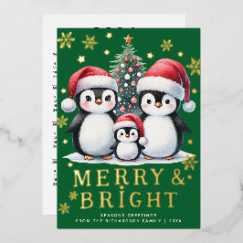 Merry Bright Leuke Pinguïns Groen Rood Goud Kerst Folie Feestdagenkaart