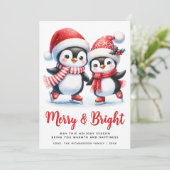 Merry Bright Leuke Pinguïns Witte Rode Kerst Feestdagenkaart (Staand voorkant)