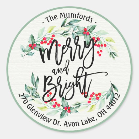 Merry Bright Merry kerst Holly Floral Adres Ronde Sticker (Voorkant)