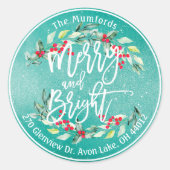 Merry Bright Merry kerst Holly Floral Adres Ronde Sticker (Voorkant)