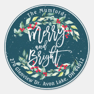 Merry Bright Merry kerst Holly Floral Adres Ronde Sticker