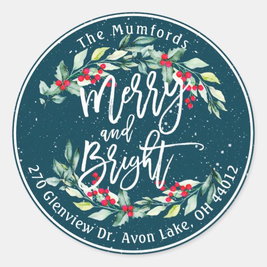 Merry Bright Merry kerst Holly Floral Adres Ronde Sticker (Voorkant)