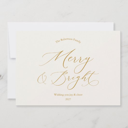 Merry & Bright Minimalist Gold Script Christmas Feestdagenkaart (Voorkant)