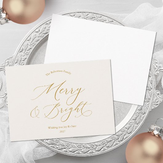 Merry & Bright Minimalist Gold Script Christmas Feestdagenkaart