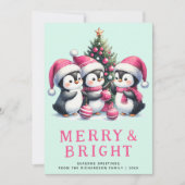 Merry & Bright Mint en Roze Kerstpinguïn Feestdagenkaart (Voorkant)