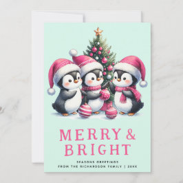 Merry & Bright Mint en Roze Kerstpinguïn Feestdagenkaart
