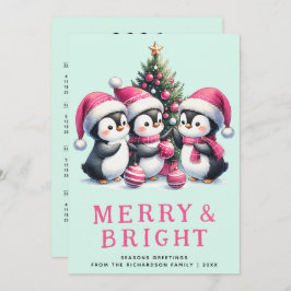 Merry & Bright Mint en Roze Kerstpinguïn Feestdagenkaart