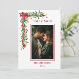 Merry & Bright Mistletoe Red Photo Christmas Feestdagenkaart