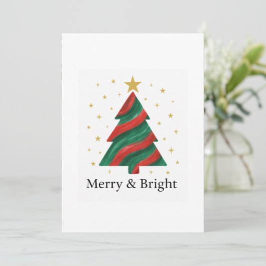 Merry & Bright Modern Christmas Tree Flat Holiday  Feestdagenkaart (Staand voorkant)