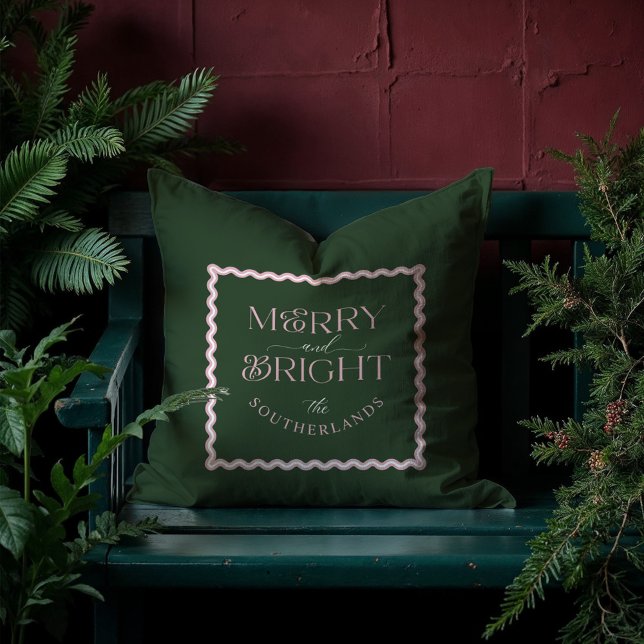 Merry & Bright Modern Groen Roze Retro Wavy Foto Kussen (Merry & Bright Modern Green Pink Retro Wavy Photo Throw Pillow)