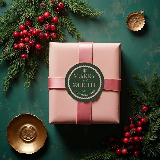 Merry & Bright Modern Groen & Roze Retro Wavy Ronde Sticker