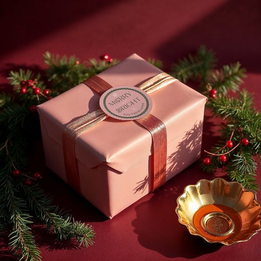 Merry & Bright Modern Roze & Groen Retro Wavy Ronde Sticker