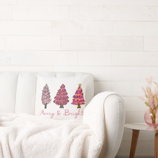 Merry & Bright Modern Roze kerstboom Boho Kussen (Bank)