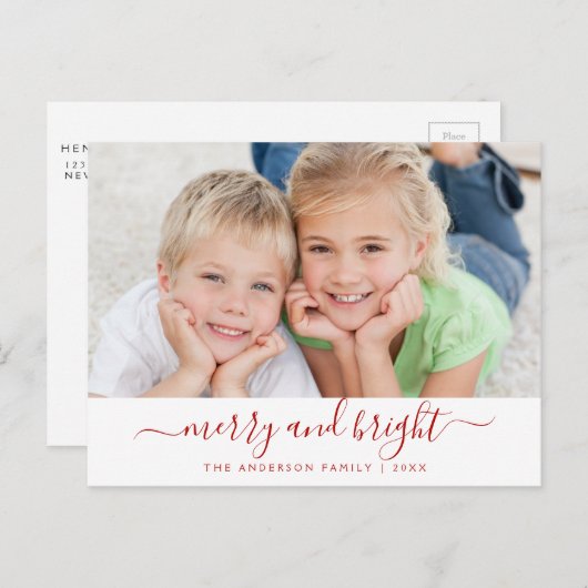 Merry Bright Modern Script Kerstfotokaart Feestdagenkaart (Voorkant / Achterkant)