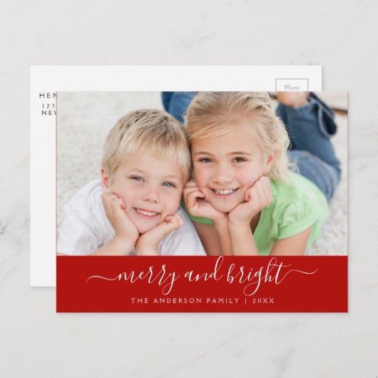 Merry Bright Modern Script Kerstfotokaart Feestdagenkaart (Voorkant / Achterkant)