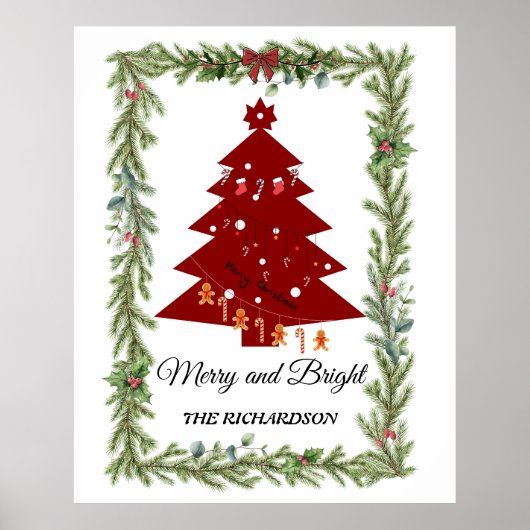 Merry & Bright Moderne Rode Kerstboom & Lettertype Poster (Voorkant)