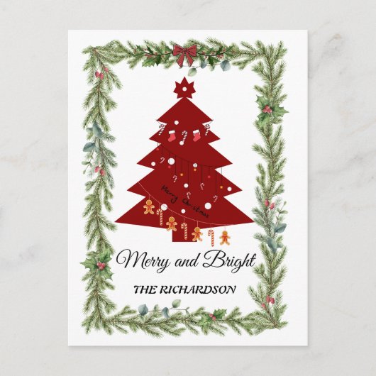 Merry & Bright Moderne Rode Kerstboom & Script  Briefkaart (Voorkant)