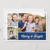 Merry & Bright Navy 3 Foto Holiday Greeting Feestdagenkaart (Voorkant)