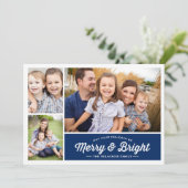 Merry & Bright Navy 3 Foto Holiday Greeting Feestdagenkaart (Staand voorkant)