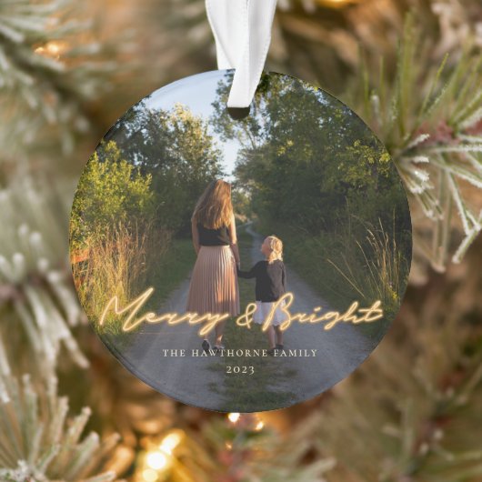 Merry & Bright Neon Lettering Photo Holiday Ornament (Boom)