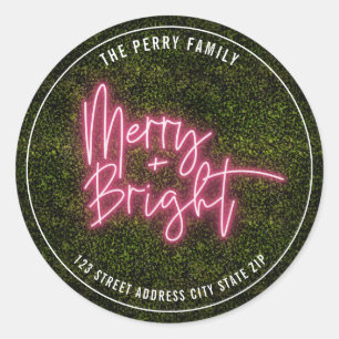 Merry + Bright Neon Sign Boxwood kerstadres Ronde Sticker