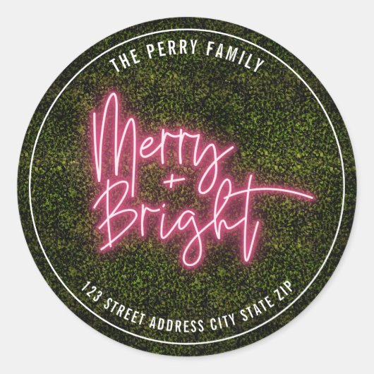 Merry + Bright Neon Sign Boxwood kerstadres Ronde Sticker (Voorkant)