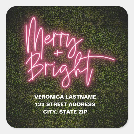 Merry + Bright Neon Sign Boxwood kerstadres Vierkante Sticker (Voorkant)