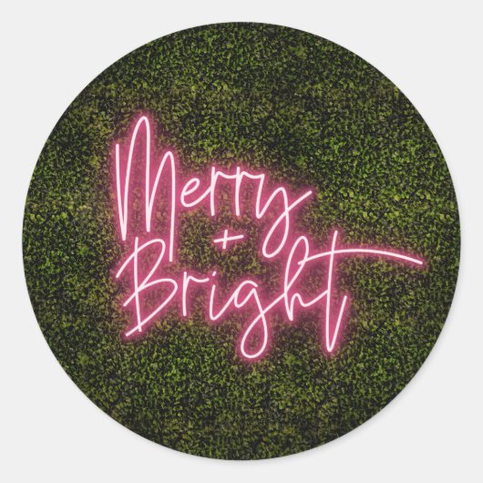 Merry + Bright Neon Sign Boxwood Kerstmis Ronde Sticker (Voorkant)