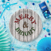 Merry & Bright On Weathered Wooden Planten Pattern Papieren Bordje (Feest)