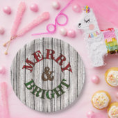 Merry & Bright On Weathered Wooden Planten Pattern Papieren Bordje (Feest)