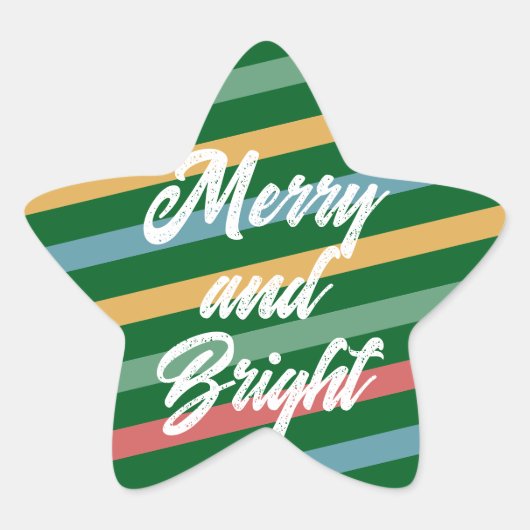 Merry & Bright op  gekleurde strepen Ster Sticker (Voorkant)