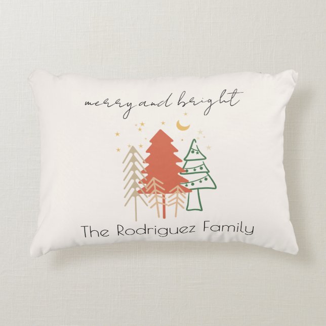 Merry & Bright Pastel Handgetekende Kerstbomen Accent Kussen (Voorkant)