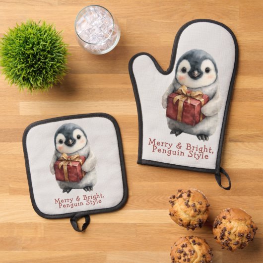 Merry & Bright Penguin Christmas Ovenwant & Pannenlap Set (Top down)