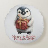 Merry & Bright Penguin Christmas Rond Kussen (Voorkant)