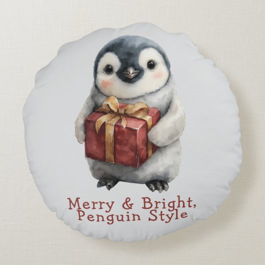 Merry & Bright Penguin Christmas Rond Kussen (Achterkant)