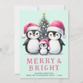Merry & Bright Penguins Familie Roze Munt Kerstmis Feestdagenkaart (Voorkant)