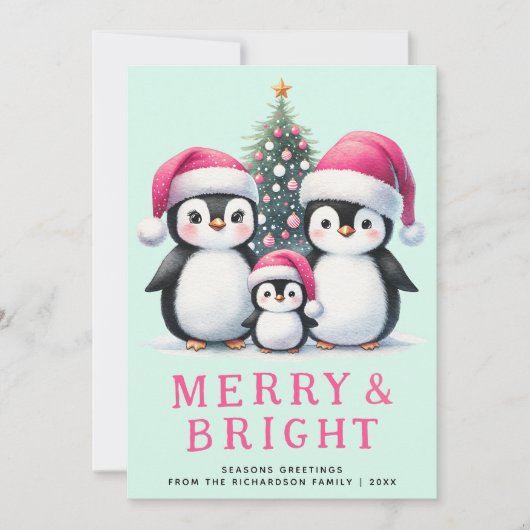 Merry & Bright Penguins Familie Roze Munt Kerstmis Feestdagenkaart (Voorkant)