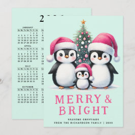 Merry & Bright Penguins Familie Roze Munt Kerstmis Feestdagenkaart