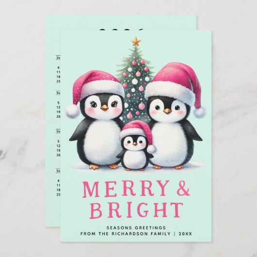 Merry & Bright Penguins Familie Roze Munt Kerstmis Feestdagenkaart (Voorkant / Achterkant)