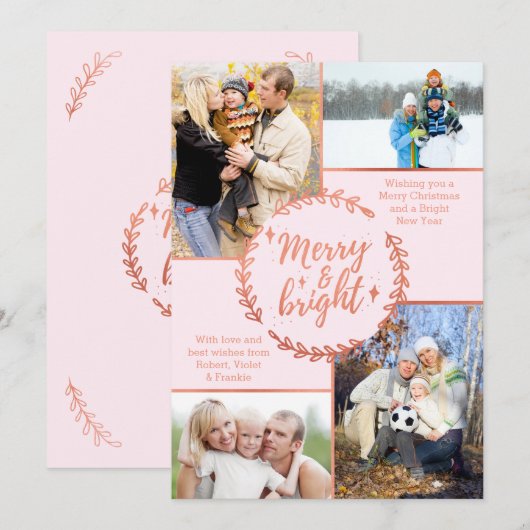Merry & Bright Photo Collage Roos Gold Christmas Feestdagenkaart (Voorkant / Achterkant)