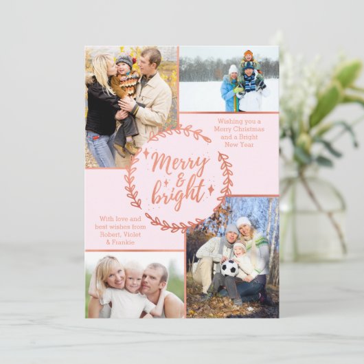 Merry & Bright Photo Collage Roos Gold Christmas Feestdagenkaart (Staand voorkant)